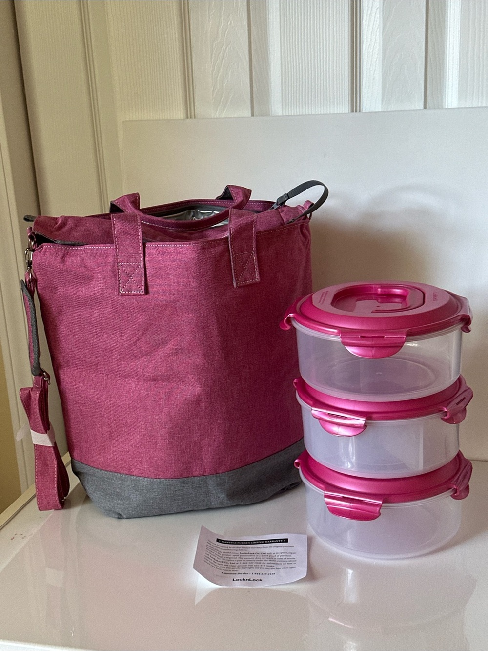 Pink Insulated Lunch Tote with Stackable Pink-Lid Food Containers